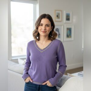 Sigrid Olsen Silk Cotton V-Neck Sweater Purple Cottagecore Green Trim Small EUC